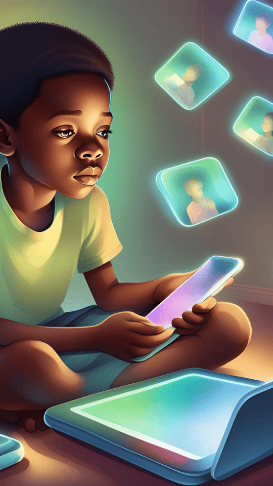 Un enfant montre des signes d'addiction aux écrans, concentré sur un appareil numérique.